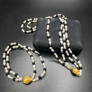 Freshwater pearl and black bead necklace bracelet set double strand gold clasp